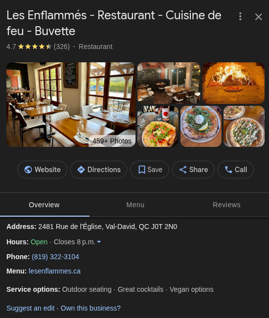 Restaurant Les Enflammés à Val-David